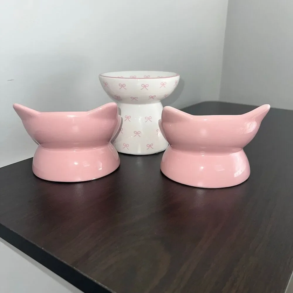 Kawaii Elevated Stoneware Ceramic Cat Bowl Set